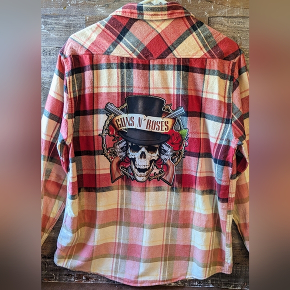 Upcycled Handcrafted Dip Dyed Bleached Flannel Shirt With Guns N Roses - Picture 2 of 13